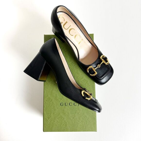 GUCCI Black Baby Bit Horsebit Square Toe Pump 38.5 US 8.5 Leather Block Heel - Picture 1 of 15